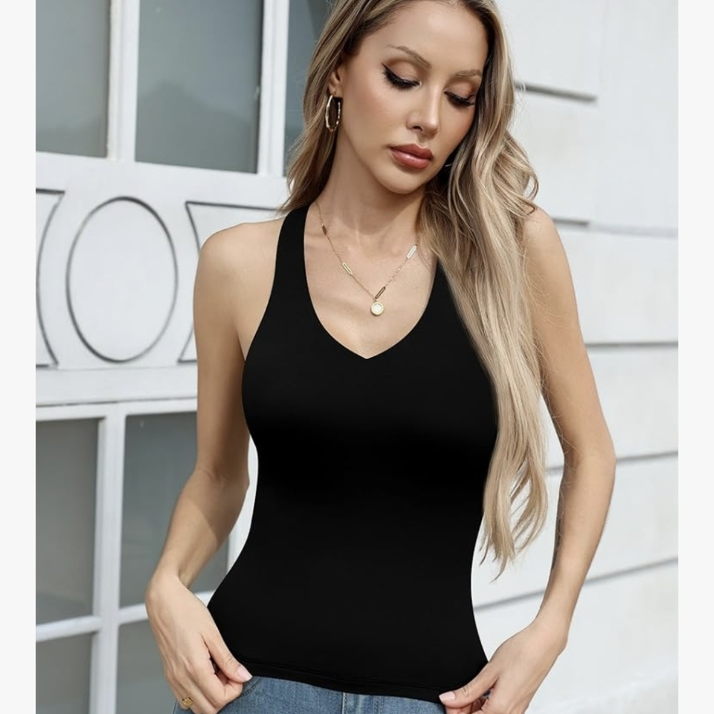 Women's Black V-Neck Racerback Tank Top - Picture 2 of 3